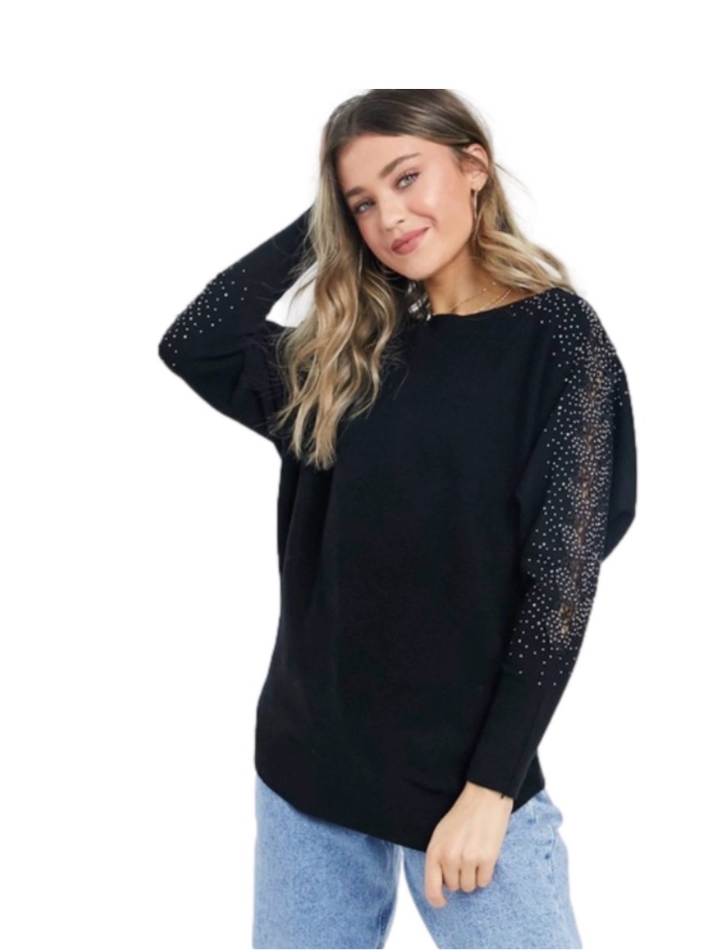 New sweet rain Black NWT Crew Neck Sweater With Rhinestone Embellishment Sz M